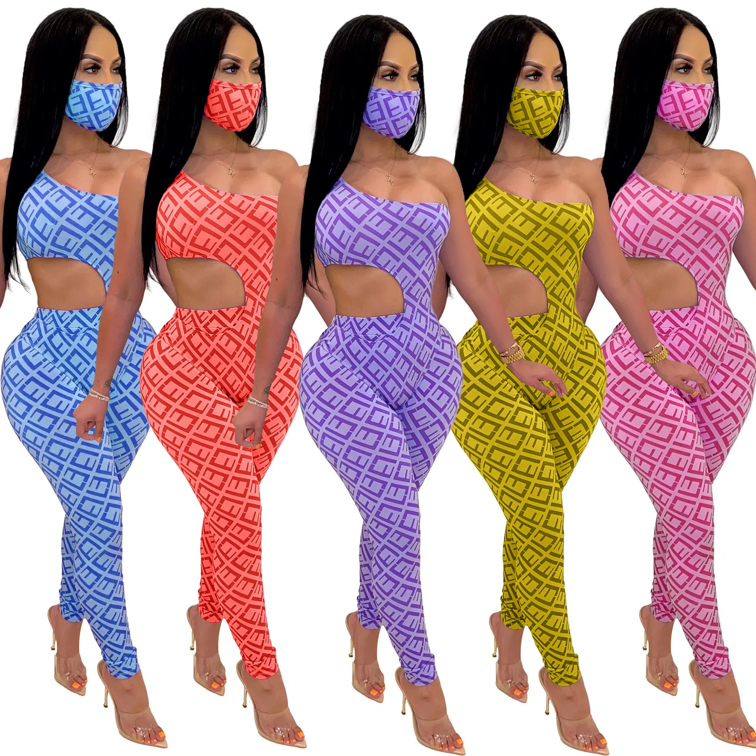 

2021 new women sexy sport suit three-pieces set jumpsuit+pants+masks