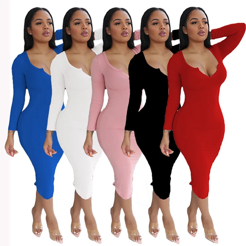 

ANL3005 Pure Color Dress Fall V-neck Long Sleeve Slim Dress, Accept customization