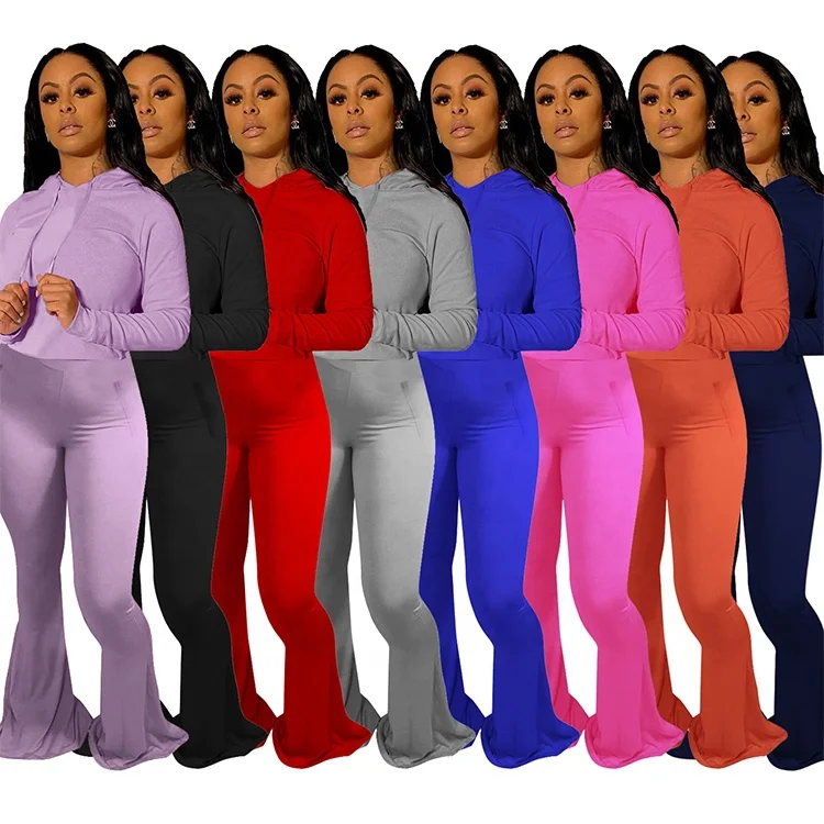

Long Sleeve Flared Pants Fall Sportswear Clothing Two Piece Jogging Suits Wholesale, Blue / gray / navy / orange / purple / red / black / pink