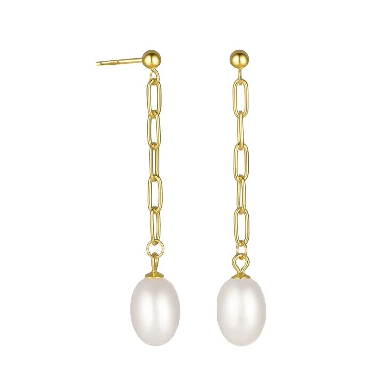

Long Link Chain Dangle Elegant Pearl 925 Sterling Silver Drop Earring