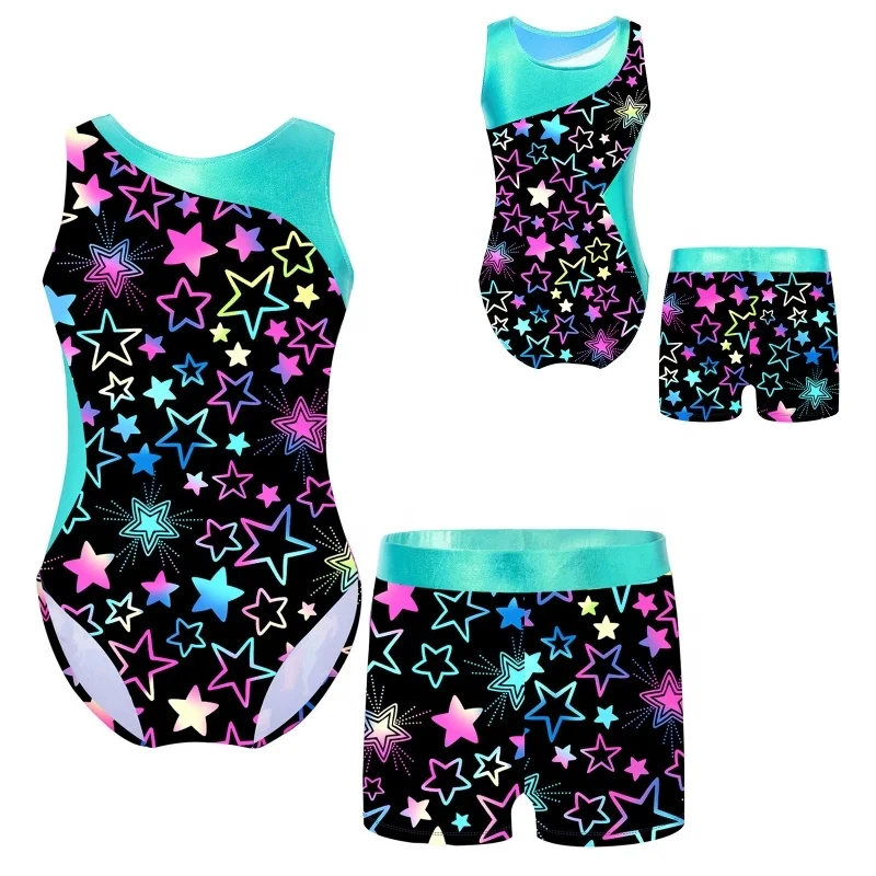 

Hot Sales Kids Girls Printed Sleeveless Patchwork Leotard Jumpsuit Elastic Waist Shorts Suit Gymnastics Dance set