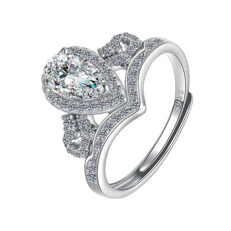 

Hot Seller Micro Cubic Zirconia Waterdrop Gemstone 925 Silver Ring Adjustable Sterling Silver Teardrop Diamond Ring
