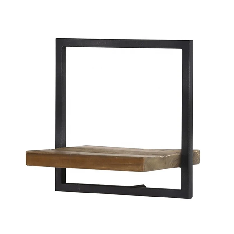 Customized New Design Metal Frame Wood wall shelf set with square brackets