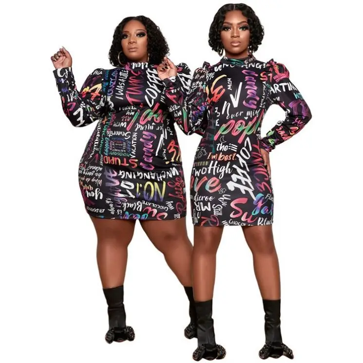 

Newest Style Letter Printed Long Sleeves Short Dress Lady Outfits Dresses Women 2021 Plus Size Woman Casual Dress