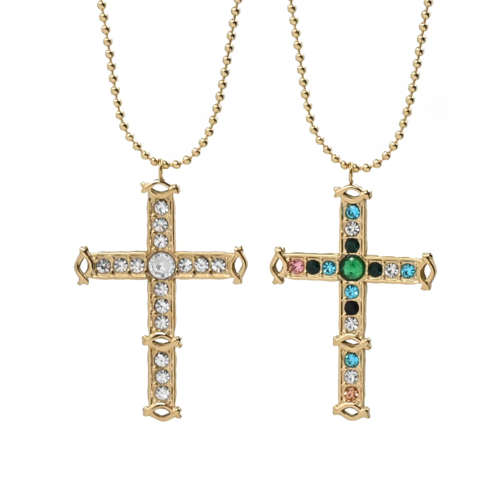 Fashion Jewelry Cast Gold Plated Stainless Steel Bead Chain Color Cubic Zirconia Jesus Cross Pendant Necklace