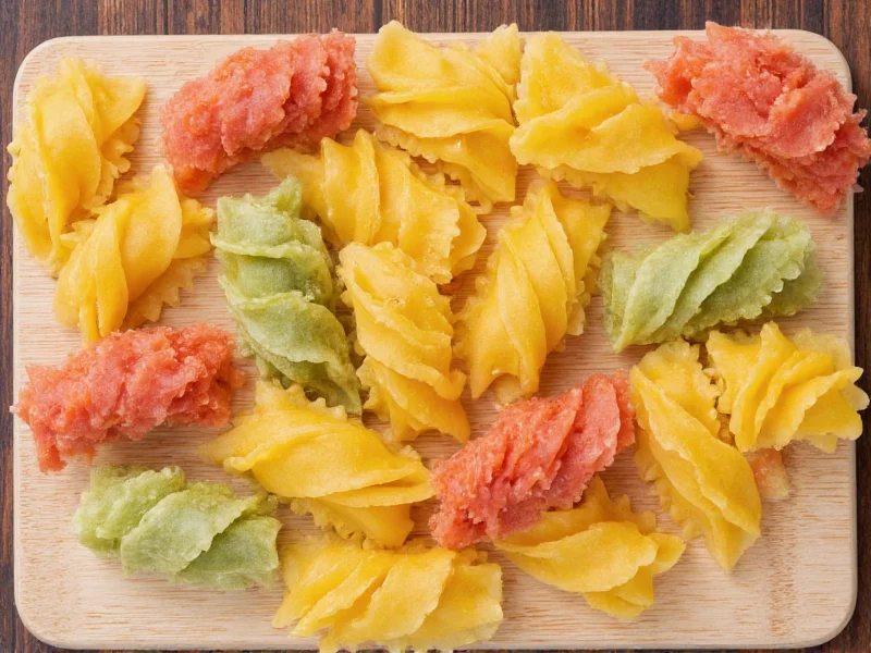 Colorful handmade pasta shapes on wooden board