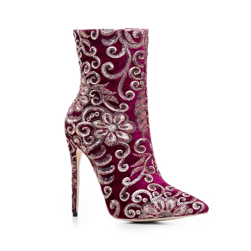 

European style denim fabric embroidery high sexy heel ankle boots booties
