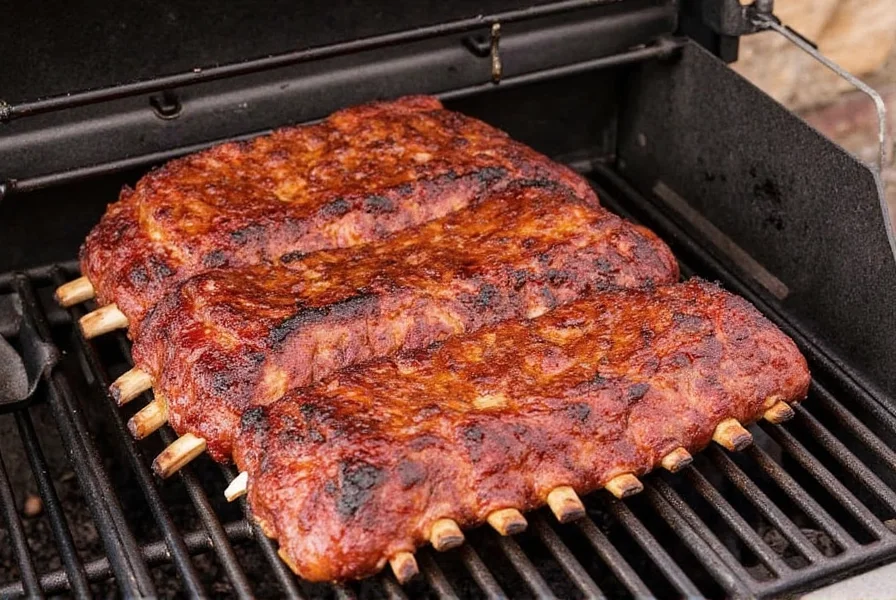 Digital meat thermometer beside smoked ribs