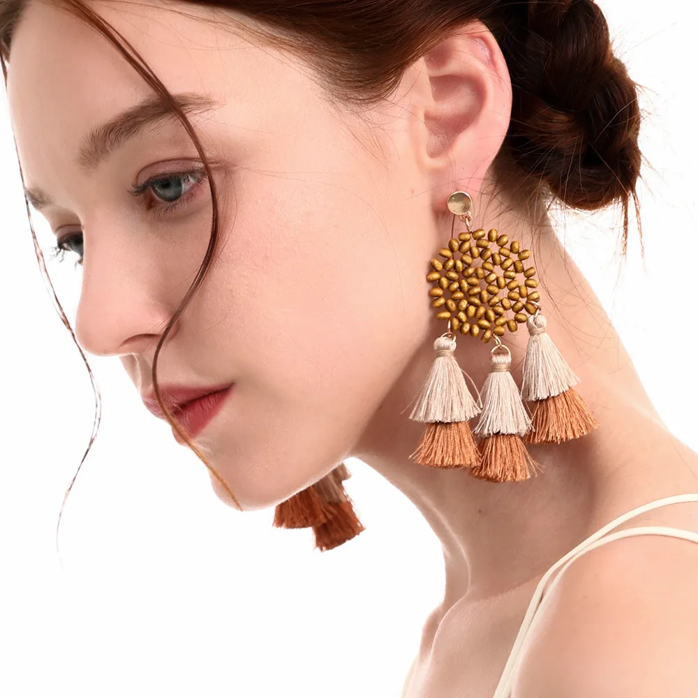 

2020 Bohemian Ethic Hypoallergenic Earrings Handmade Wood Beads Drop Earrings Contrast Color Silk Thread Long Tassel Earrings, As picture show