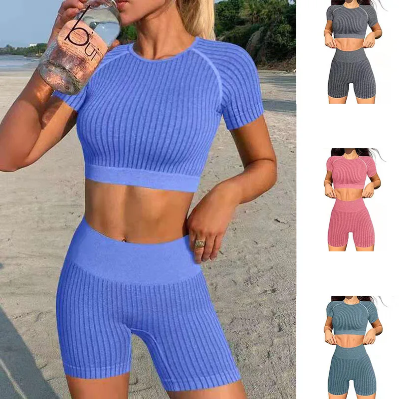 

plus size knitted seamless sport gym active training wear scrunch workout fitness clothes outfit yoga suit lady set