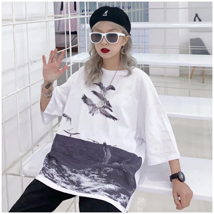 

Summer Mid-length Seagull Printed Tee Shirt Mid Sleeve Loose Large Size Women's Casual Tops T-shirt