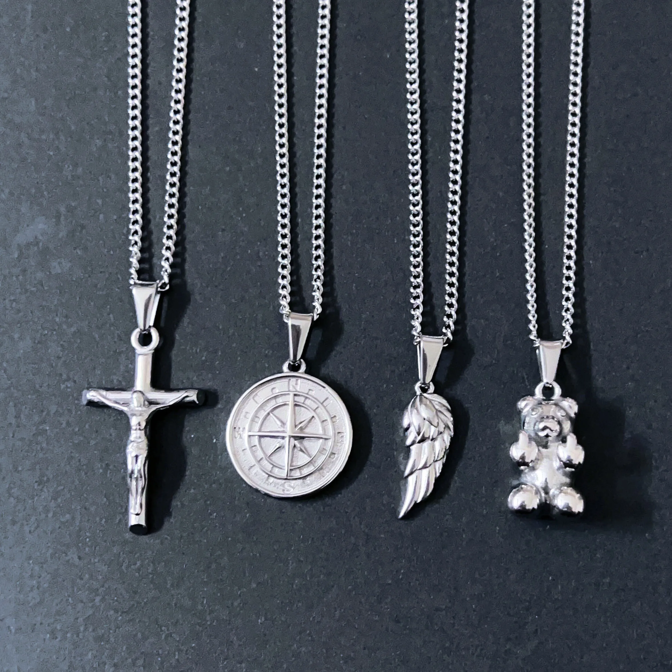 

hot fashion travel compass jewelry gold silver men crucifix cross necklace waterproof stainless steel offensive bear necklace