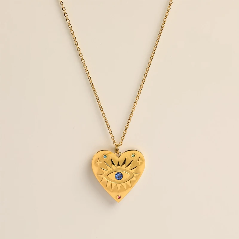 

Carline Gold Plated Stainless Steel Heart Pendant Blue Rhinestone Eye Necklace jewelry wholesale for women