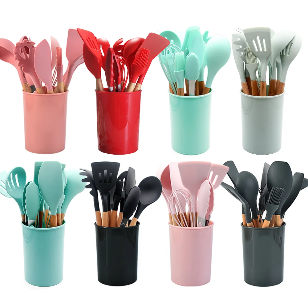 

PRIVATE LABEL WHOLESALE WOOD KITCHEN ACCESSORIES SILICONE UTENSILS COOKING SET