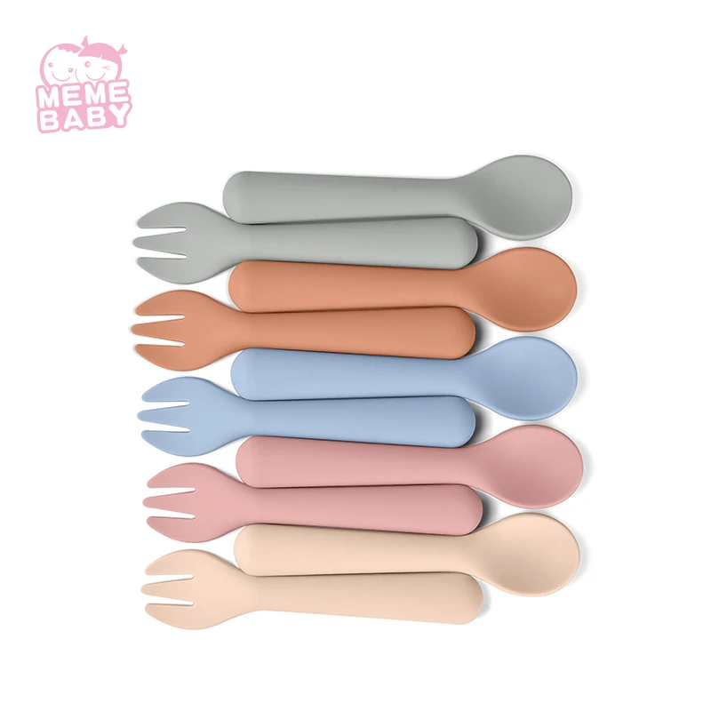 

Wholesale Baby Silicone Spoon and Fork Silicone Feeding Sets High Quality Eco-Friendly Silicone Baby Feeding Spoon and fork, Customized color