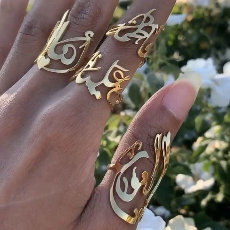 

Fashion Women Islamic Jewelry Personalized Arabic Ring Calligraphy Name Custom Stainless Steel 14K 18K Goldm Rings, Silver /gold/pink