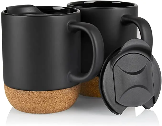 

Amazon hot Sell Coffee Mug with Insulated bottom Cork and Splash Proof Mug Lid Large Coffee Mug with Handle, White + black