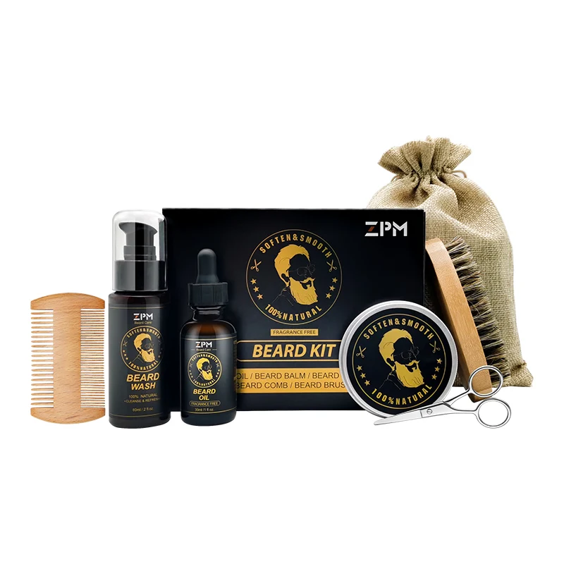 

Men Private Label Beard Grooming Kit Beard Wash Balm Oil Comb Scissor Brush Gift Set