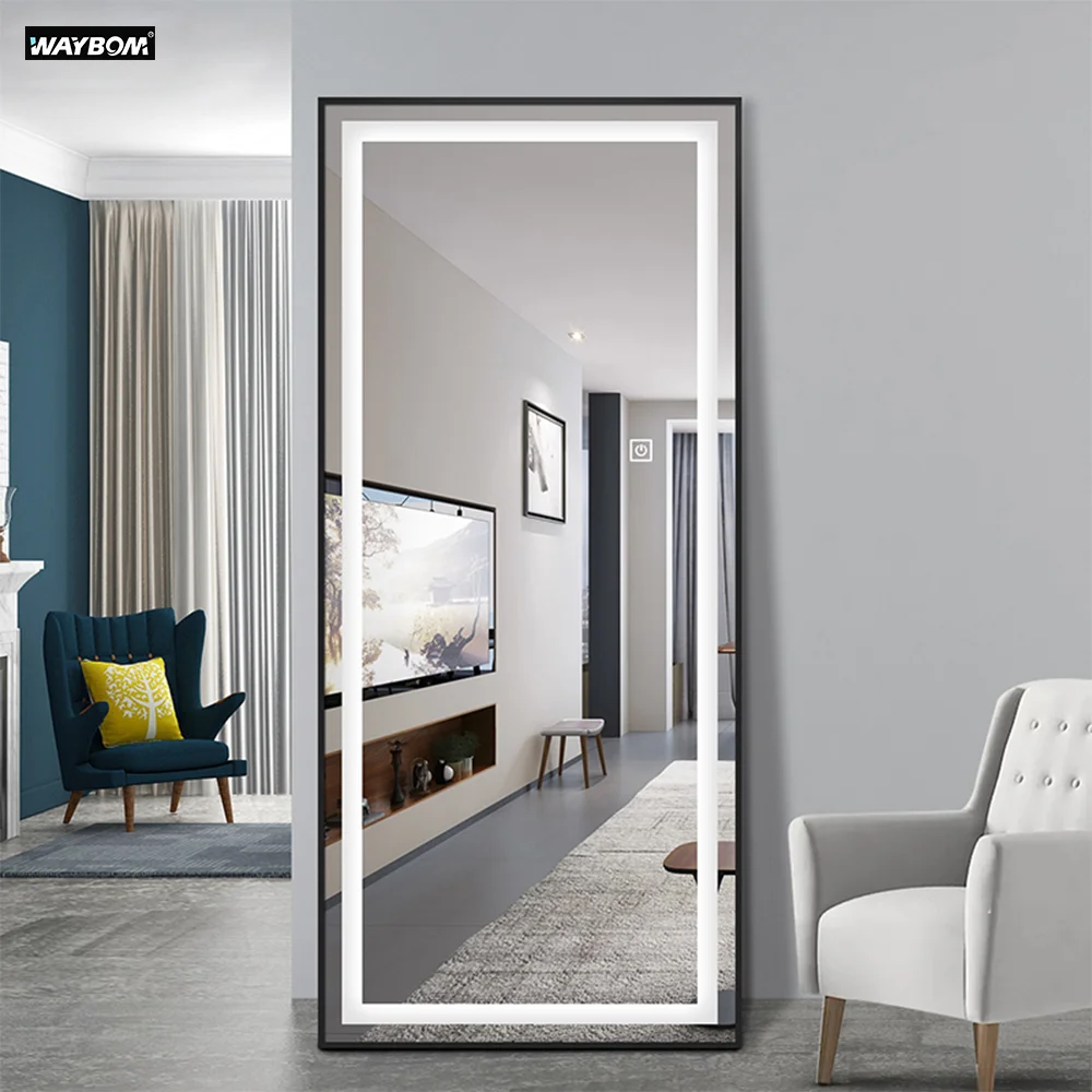 

Wholesale IP44 Vanity Wall Dressing Smart LED Lighted Large Size Decorative Full Length Mirror, Black silver white golden