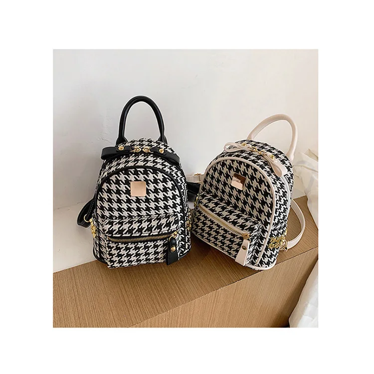 

College Style Tweed Backpack Fashion Casual Houndstooth Shoulder Bag Women Rivet Multi-pockets Travel Bags Teenager School Bag