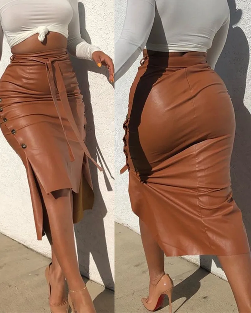 

Leather skirt 2021 spring women's hot sale slit slim mid-length package hip skirt