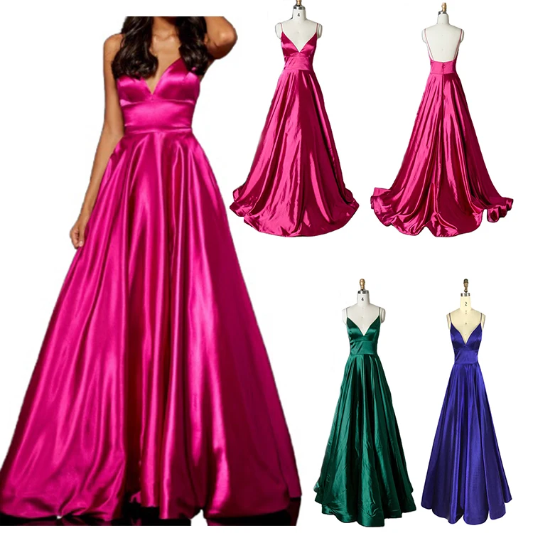 

Bottom price simple a-line spaghetti strap sexy stain gown with deep v-neck and pockets emerald green long evening dress