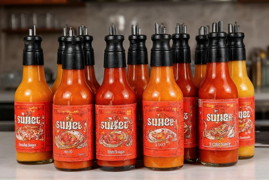 Various chili sauce bottles with different heat levels displayed on kitchen counter