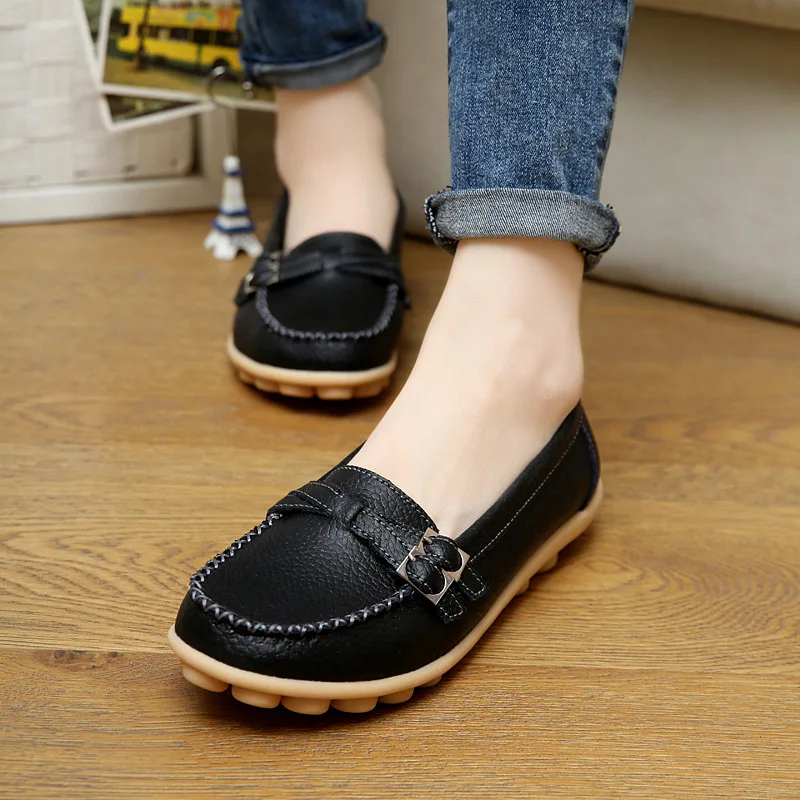 

High Quality Genuine Leather Low Heels Flat Loafers Women Casual Shoes, Black,white,yellow,red,orange,green,brown