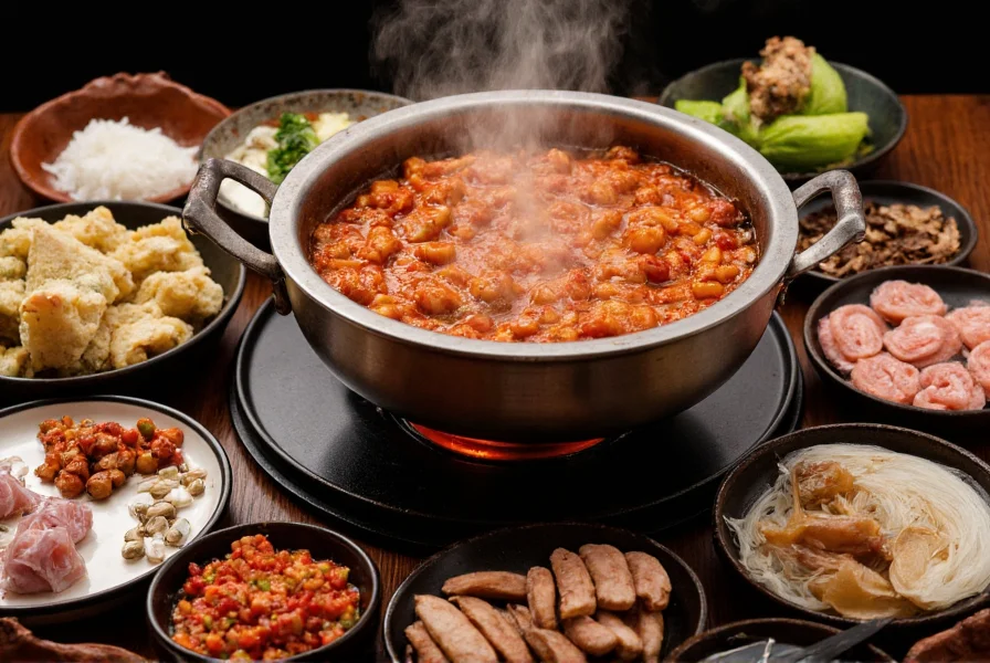 Traditional Sichuan hot pot with various ingredients arranged around the pot