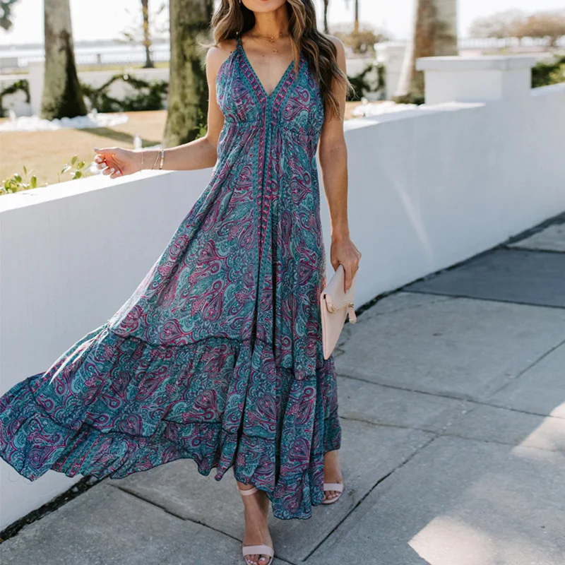 

2021 Ladies Print Floral Long Boho Bohemian Beach Summer Slip Dress Women Sundress V-neck Sleeveless Cross Strap Vintage Vestido, Customized color
