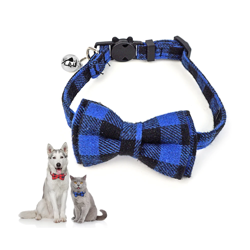 

Wholesale Luxury Pet Accessories Adjustable Cute Plaid Bow Tie Small Kitty Cat Dog Pet Collar With A Bell, Blue, pink, red, black, orange, green