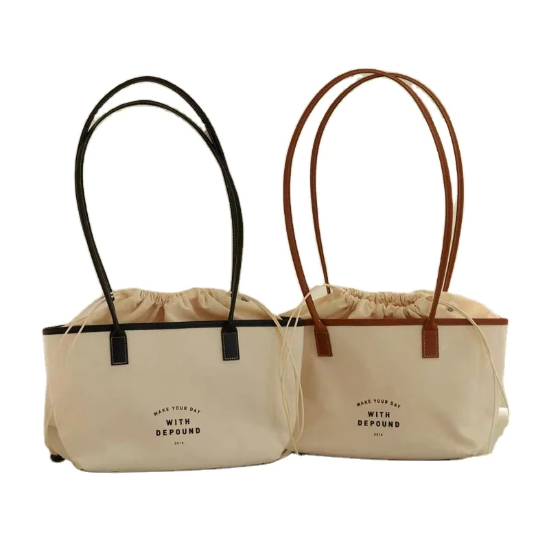 

South Korea Splicing Clash Color Draw Rope Letters Printed Canvas Bag Belt Mouth One Shoulder Tote Bag