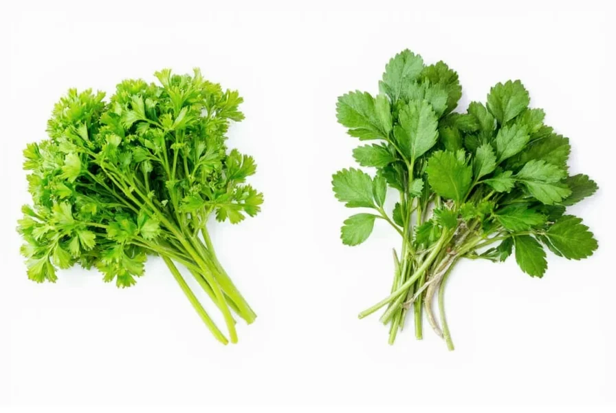 Fresh cilantro leaves next to dried coriander seeds showing visual comparison