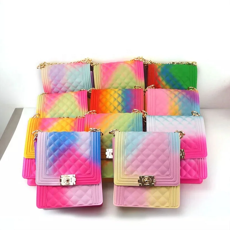 

2021 Amazon hot New Arrival summer rainbow PVC beach handbag cute girls jelly purse and bags
