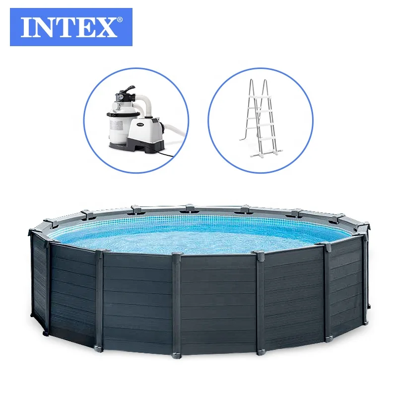 

INTEX 26384 15FT8IN X 49IN high quality outdoor family kids plastic graphite gray panel pool swimming pool set, Grey
