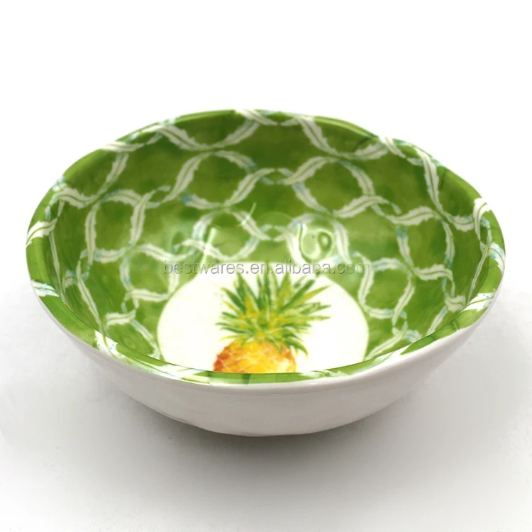 

2021 Wholesale Tropical Decoration Yellow Green Pineapple Design Plastic Melamine Soup Salad Fruit Bowl Set, Yello
