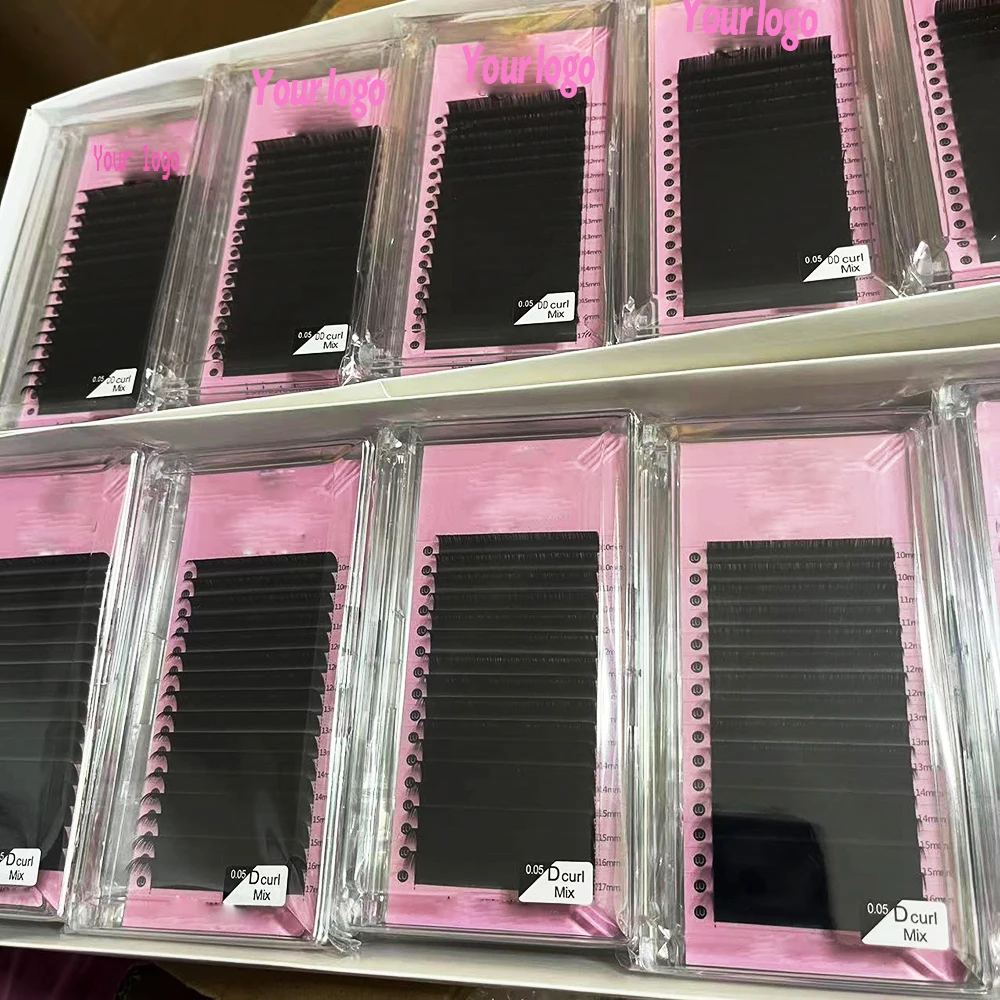 Custom Logo Velvet Eyelash Extensions Korean PBT Volume Lashes C CC D 0.03 0.05 Easy Make Fans Dark Matte Cashmere Lashes Trays