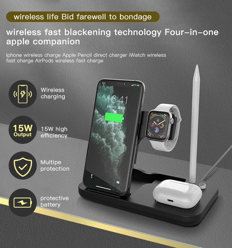 Foldable Portable 15W 4 In 1 Charging Station Pad Dock Desktop Stand Charger Wireless