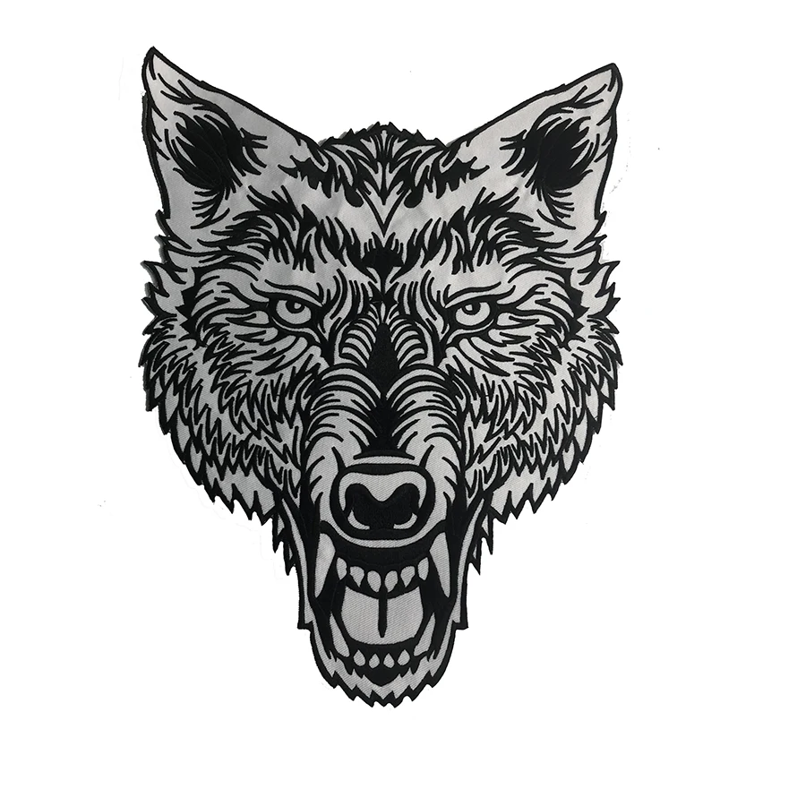 

Lone Wolf Head Tattoo Reflective Embroidery Patches Biker Back Applique Iron Sew on