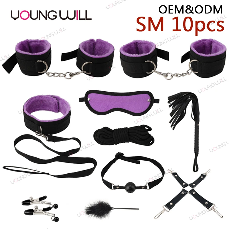 

10Pcs/set PU Erotic Products Handcuffs Nipple Clamps Whip Rope Sex Toy BDSM Bondage For Couples Game Play
