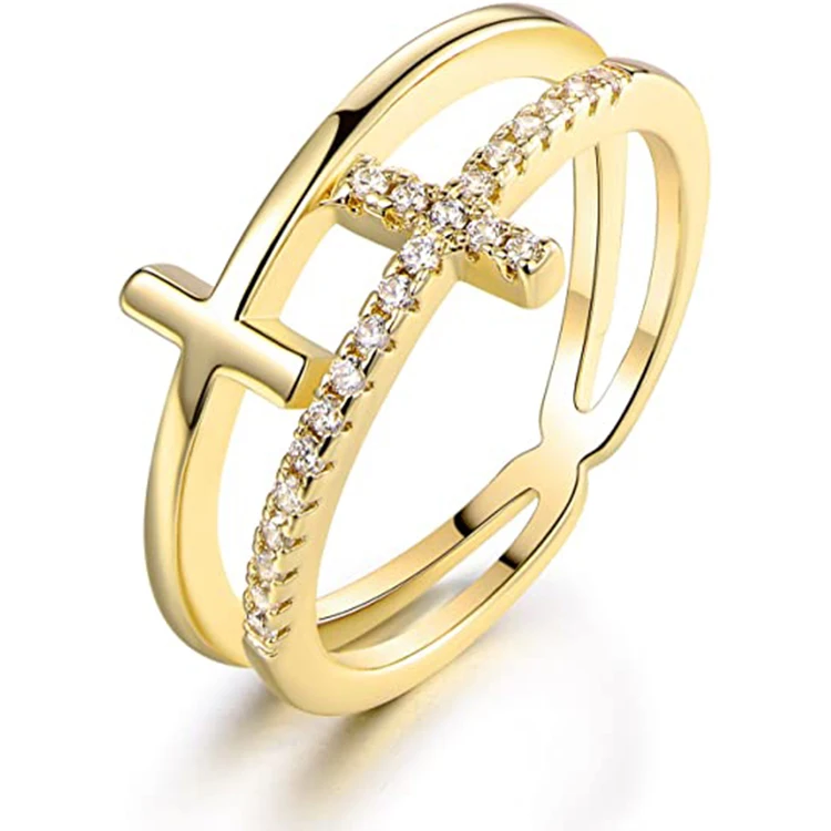 Fashion Gold Plated Rings Cubic Zirconia Double Cross Ring for Women