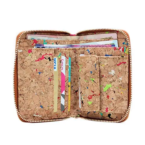 

Boshiho Eco Friendly Vegan Gift Colorful Cork Wallet Zipper Bifold Purse Wallet with Coin Pocket Credit Card Holder Wallet