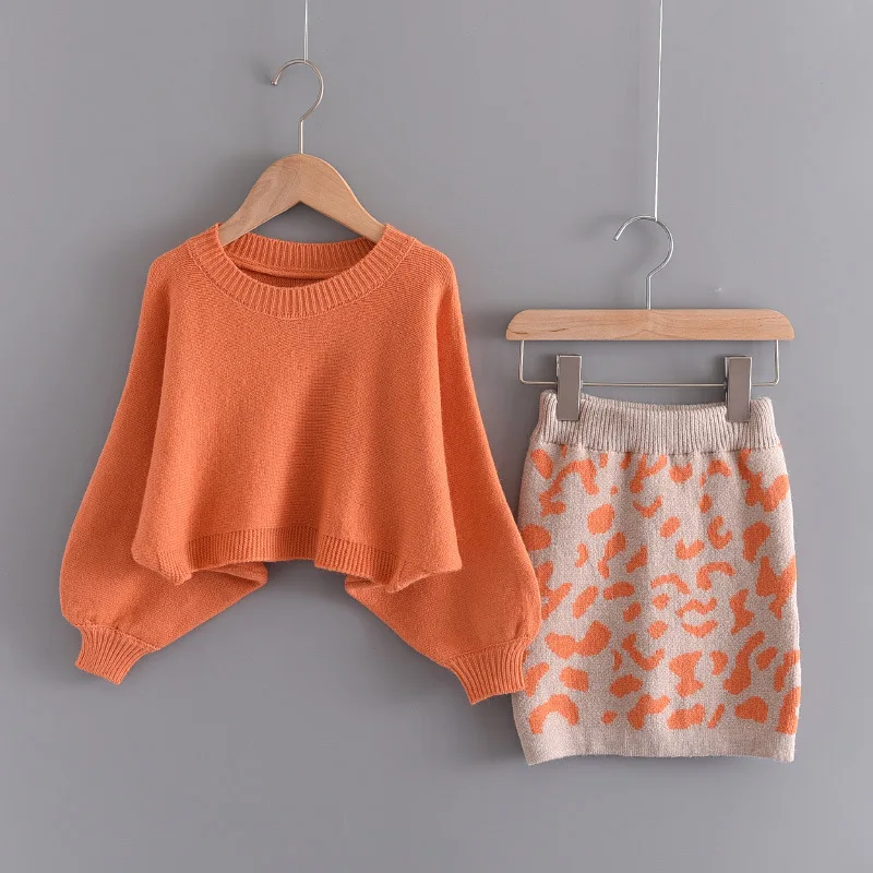 

B53621A Little girls 2020 fashion new knitted two pieces sweater skirt sets, Orange