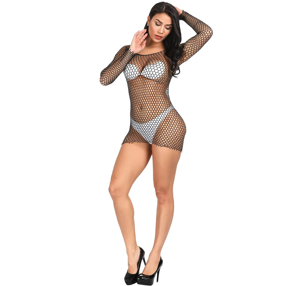 

FNY-0198 Sexy Long-sleeved Hip Skirt Hollow Out Mesh Erotic Women Lingerie Dress