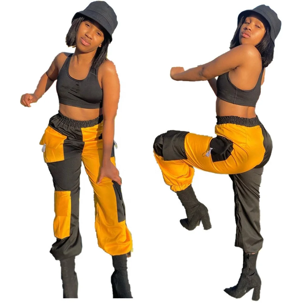 

2021 Autumn Popular Girls Women's Pants & Trousers Color Contrast Multiple Pockets Patchwork Cargo Pants