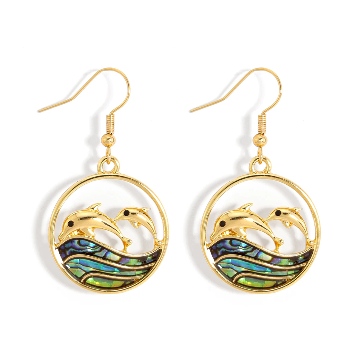 

Hawaii jewelry ocean themed jewelry gold plated nature blue abalone shell dolphin round pendant earrings wholesale