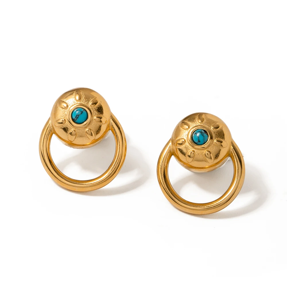 

J&D Trendy 18K PVD Gold Jewelry Stainless Steel Eye Hoop Turquoise Stone High Quality Earring Women