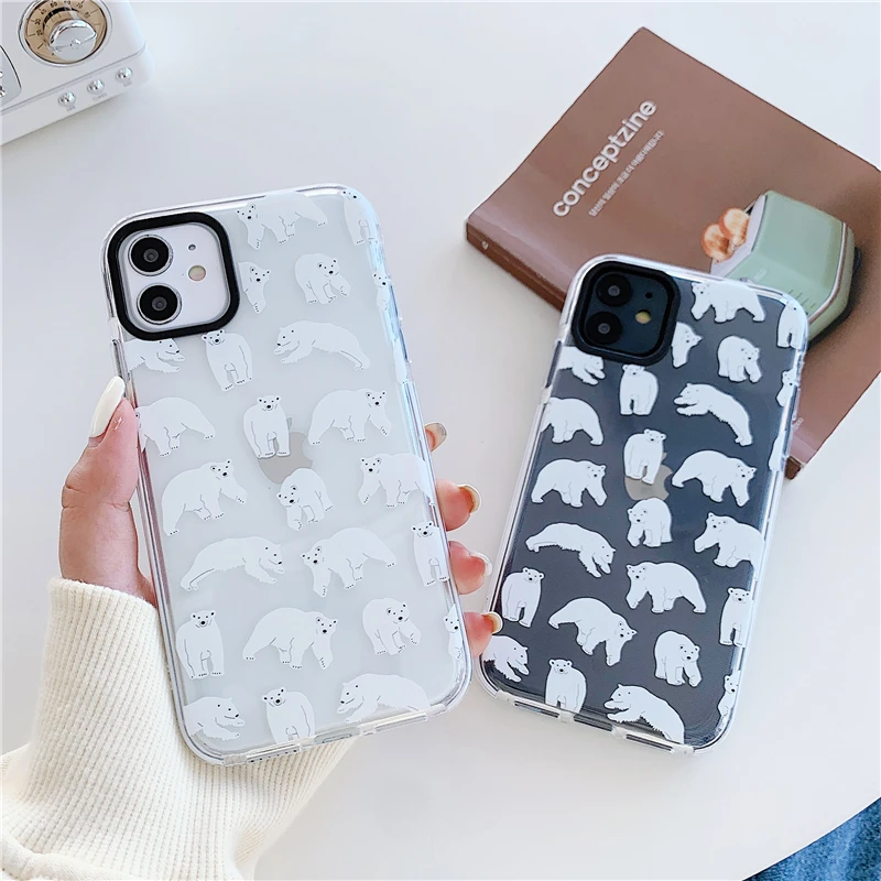 

Cute Cartoons Polar Bear Phone Cases For iPhone 12 Mini 11 Pro XS MAX X XR 7 8 Plus SE 2020 Double Color Clear TPU Soft Cover