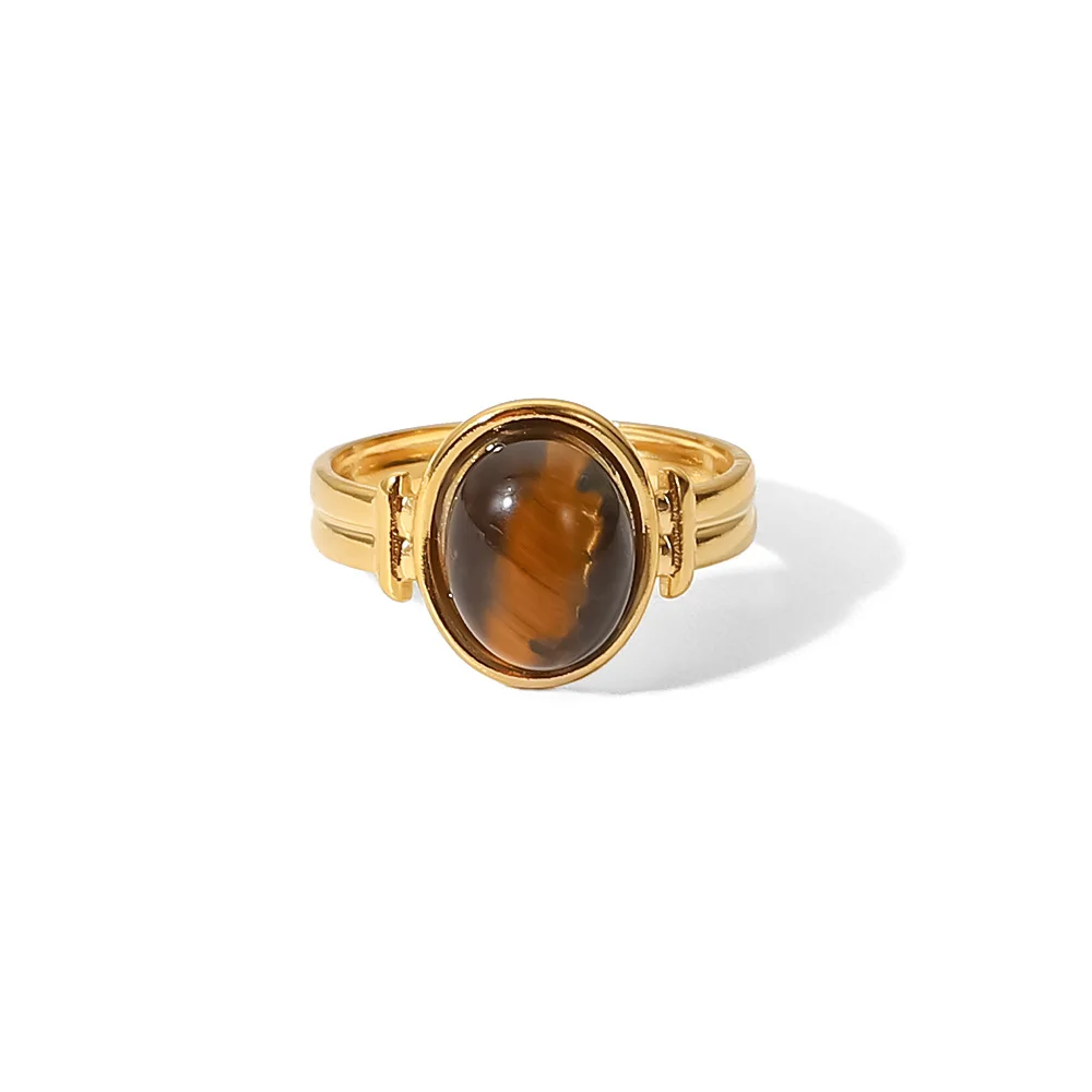 

Stainless Steel 18K Gold Plated Wide Adjustable Jewelry Charm Tiger Eye Stone Opening Oval Rings