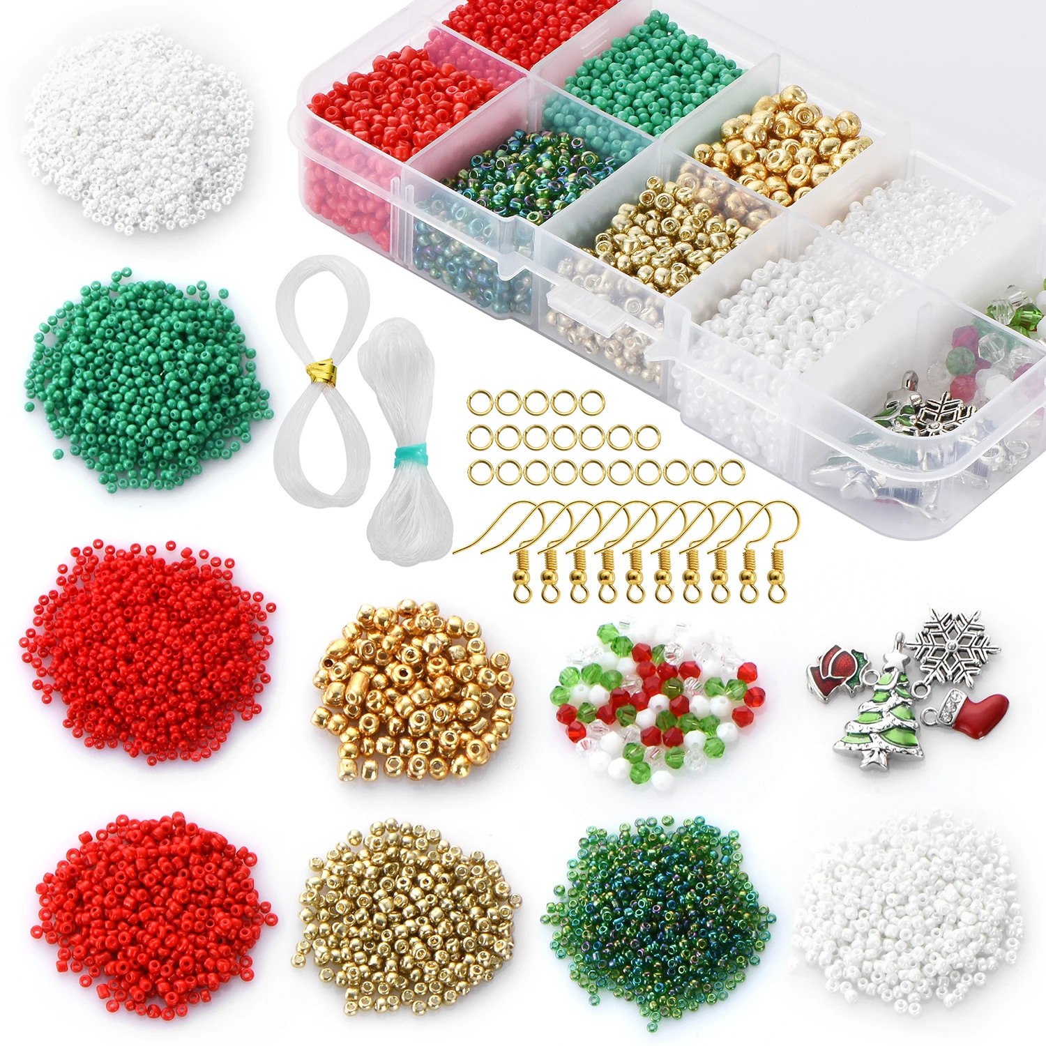 

8446Pcs Glass Seed Beads Alloy Hooks Christmas Tree Snowflake Jingle Bells Crystal Bicone Beads Set For DIY Jewelry Needlework